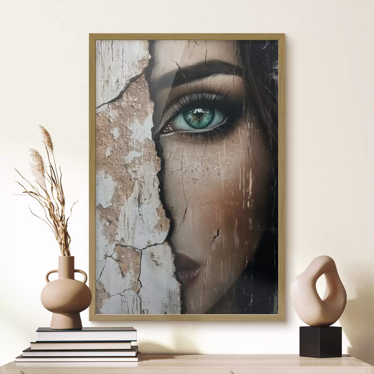 Poster Visage de fille derrière un vieux mur f44069