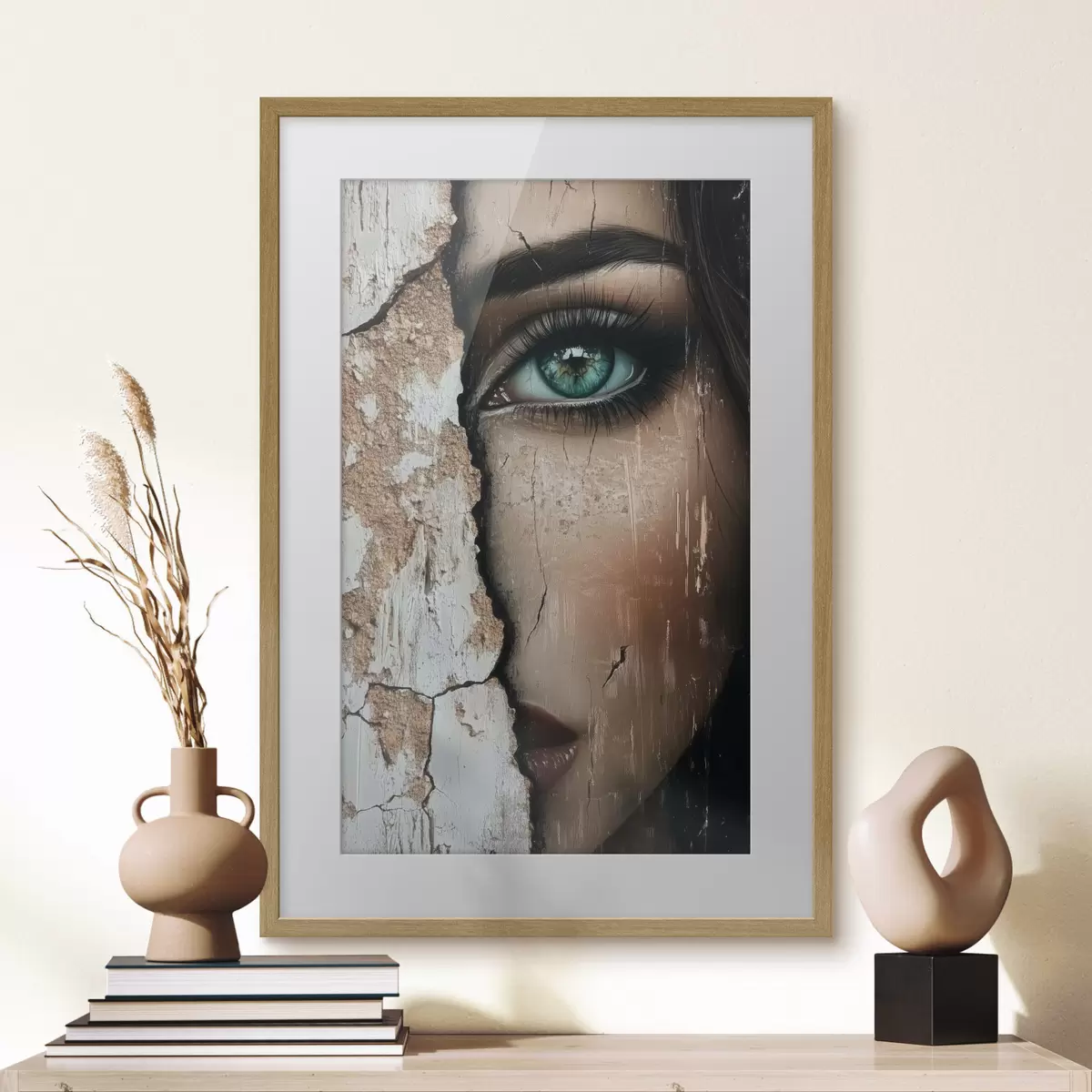 Poster Visage de fille derrière un vieux mur f44069