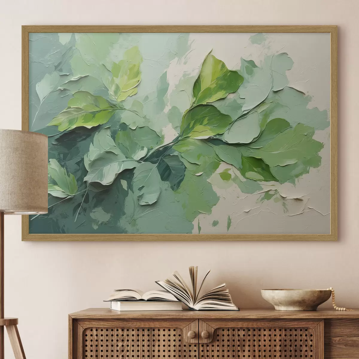 Poster Branche avec feuilles vertes en peinture à l'huile f44075