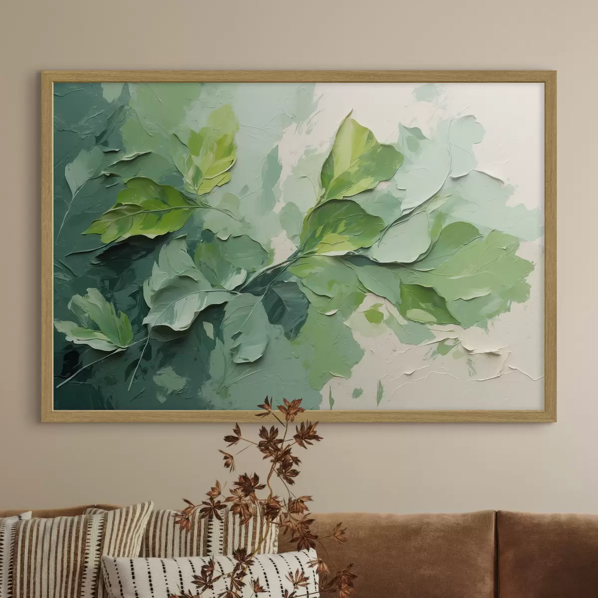 Poster Branche avec feuilles vertes en peinture à l'huile f44075