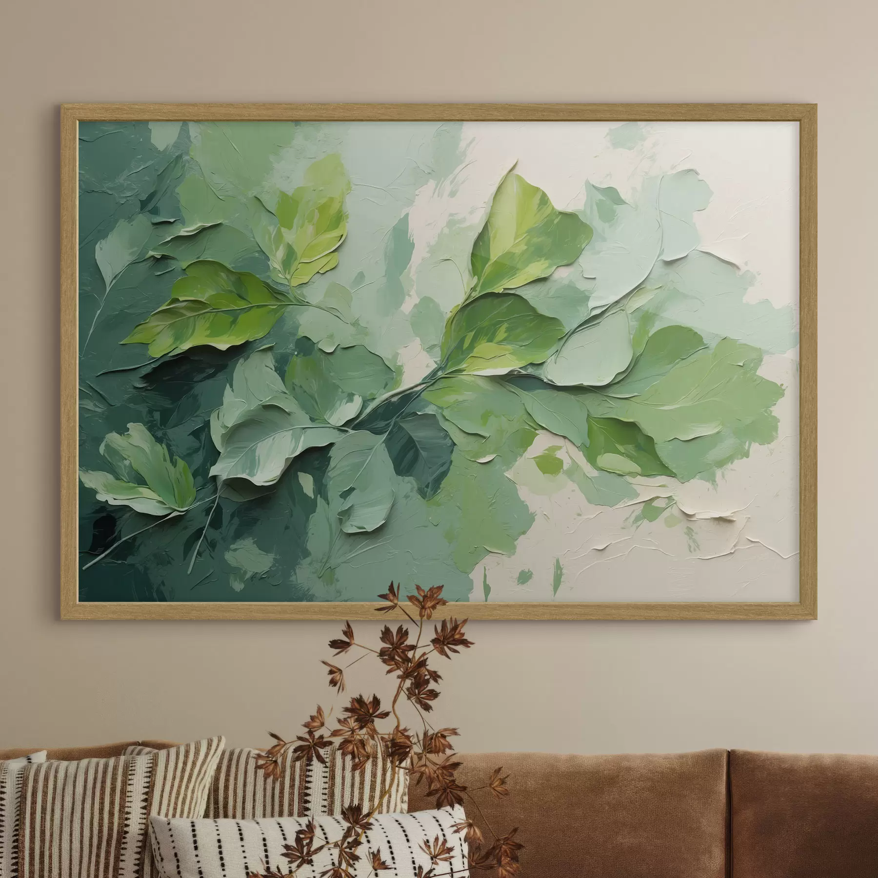 Papier peint Branche avec feuilles vertes en peinture à l'huile f44075