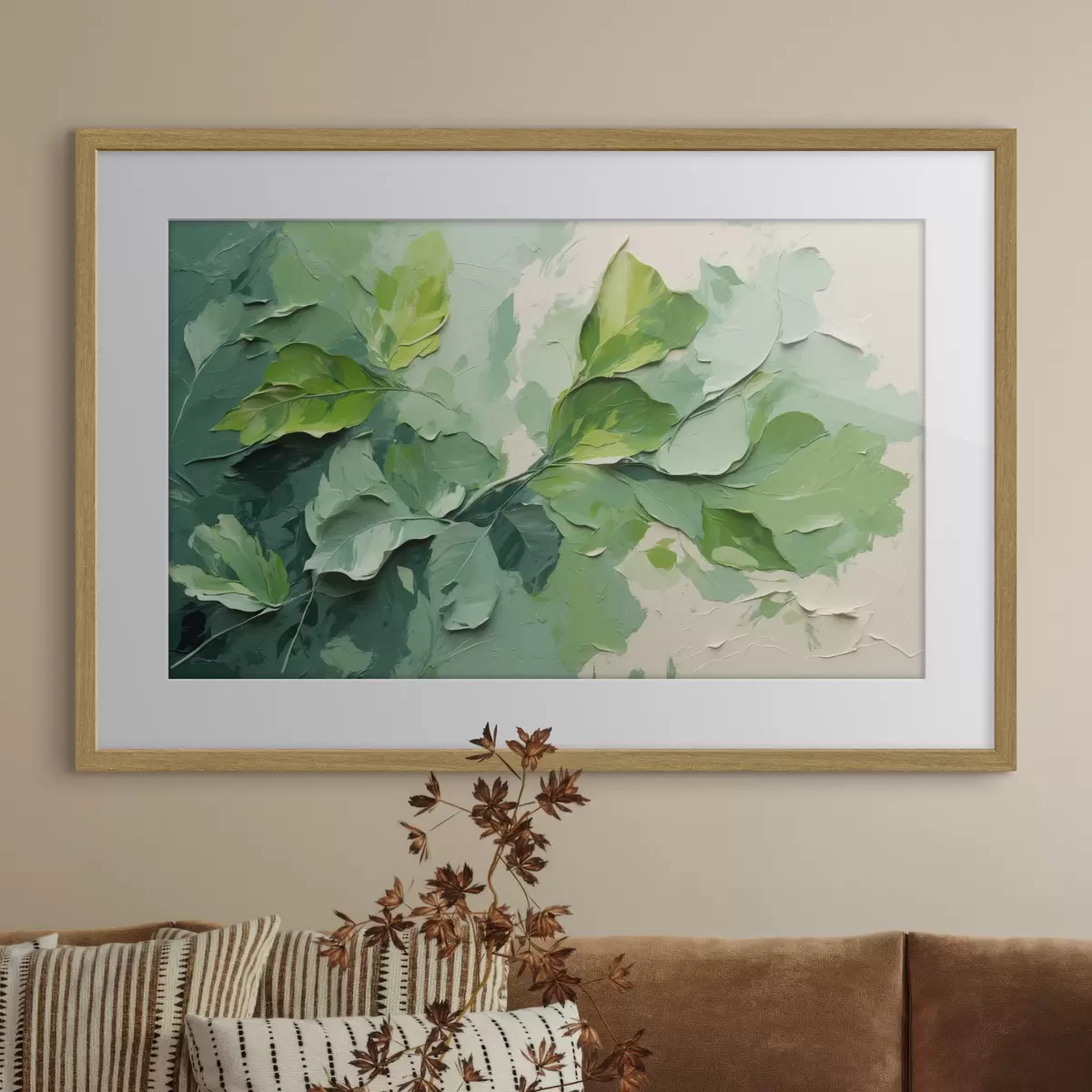 Poster Branche avec feuilles vertes en peinture à l'huile f44075