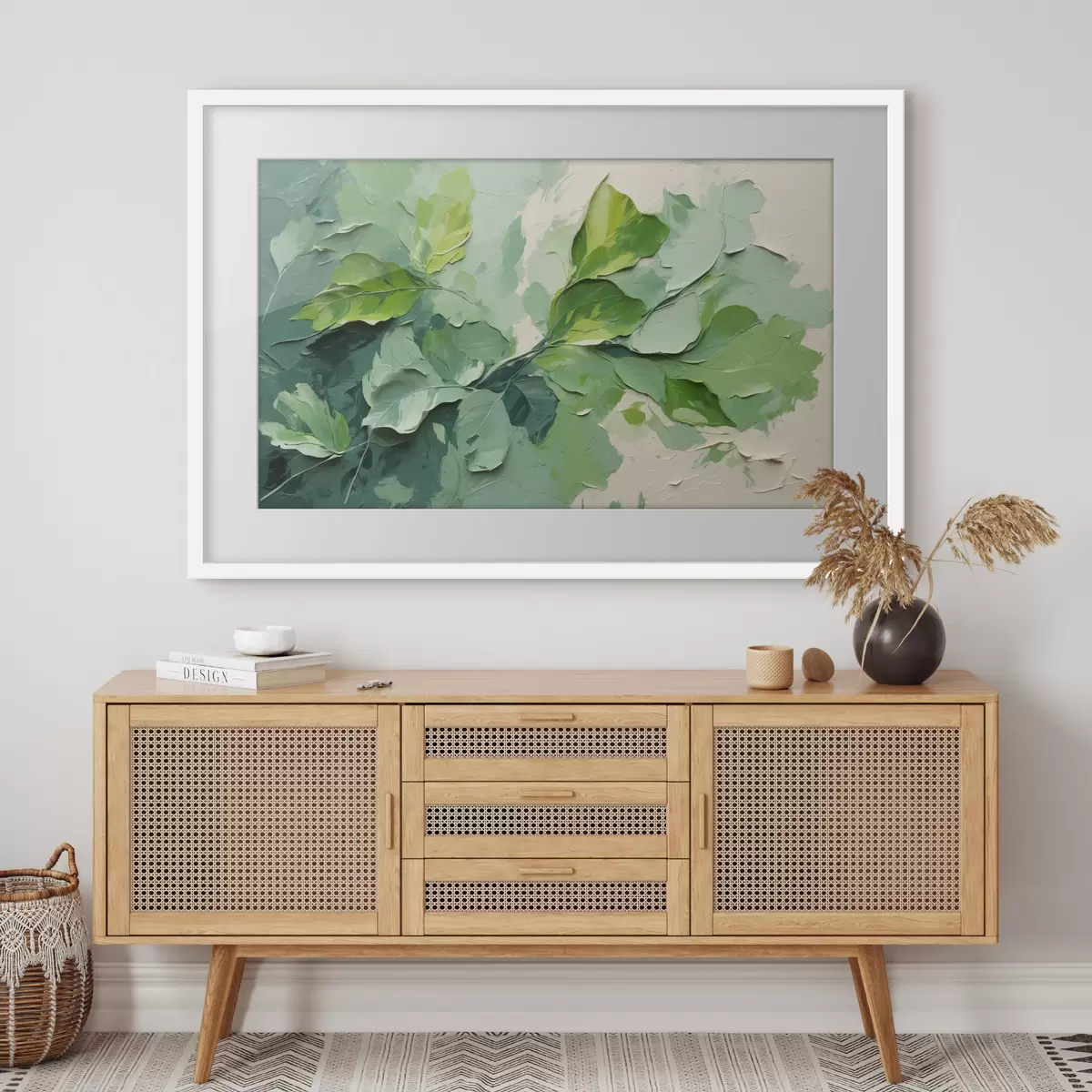 Poster Branche avec feuilles vertes en peinture à l'huile f44075