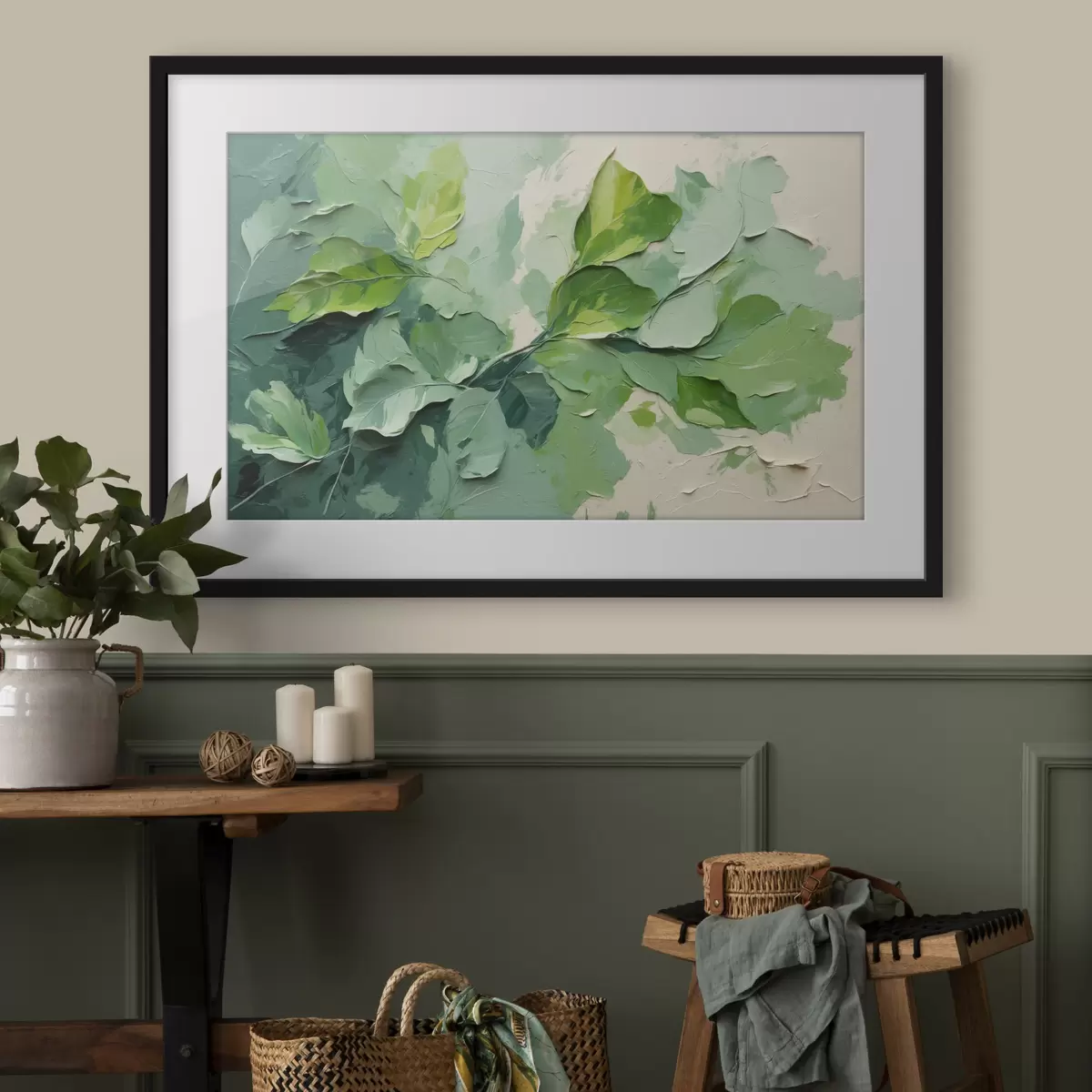 Poster Branche avec feuilles vertes en peinture à l'huile f44075