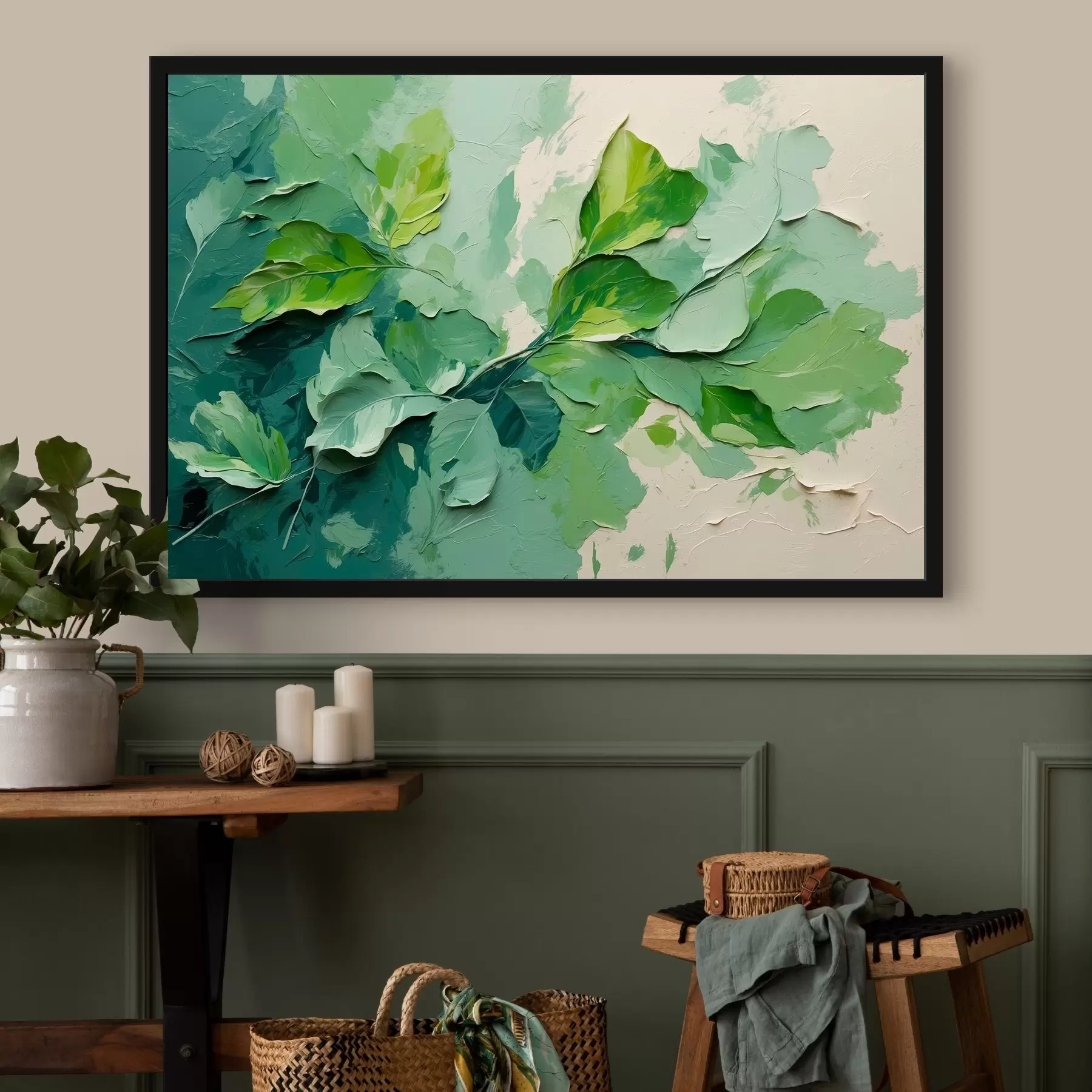 Papier peint Branche avec feuilles vertes en peinture à l'huile f44075