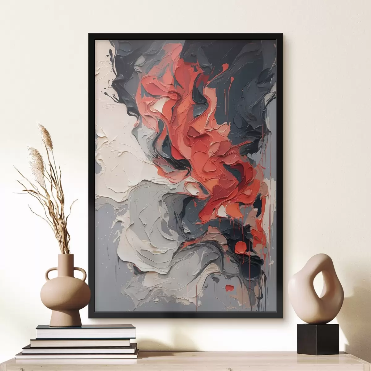 Poster Peinture à l'huile abstraite en rouge, noir et gris f44079