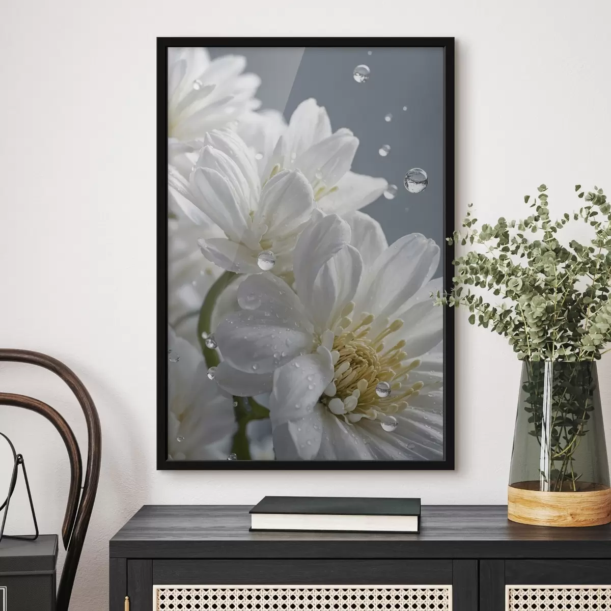 Poster Fleurs blanches avec rosée f44100