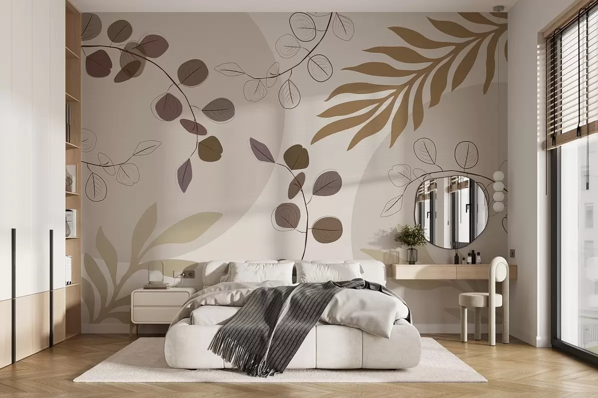 Papier peint Composition abstraite avec des feuilles dans les tons beiges w03857
