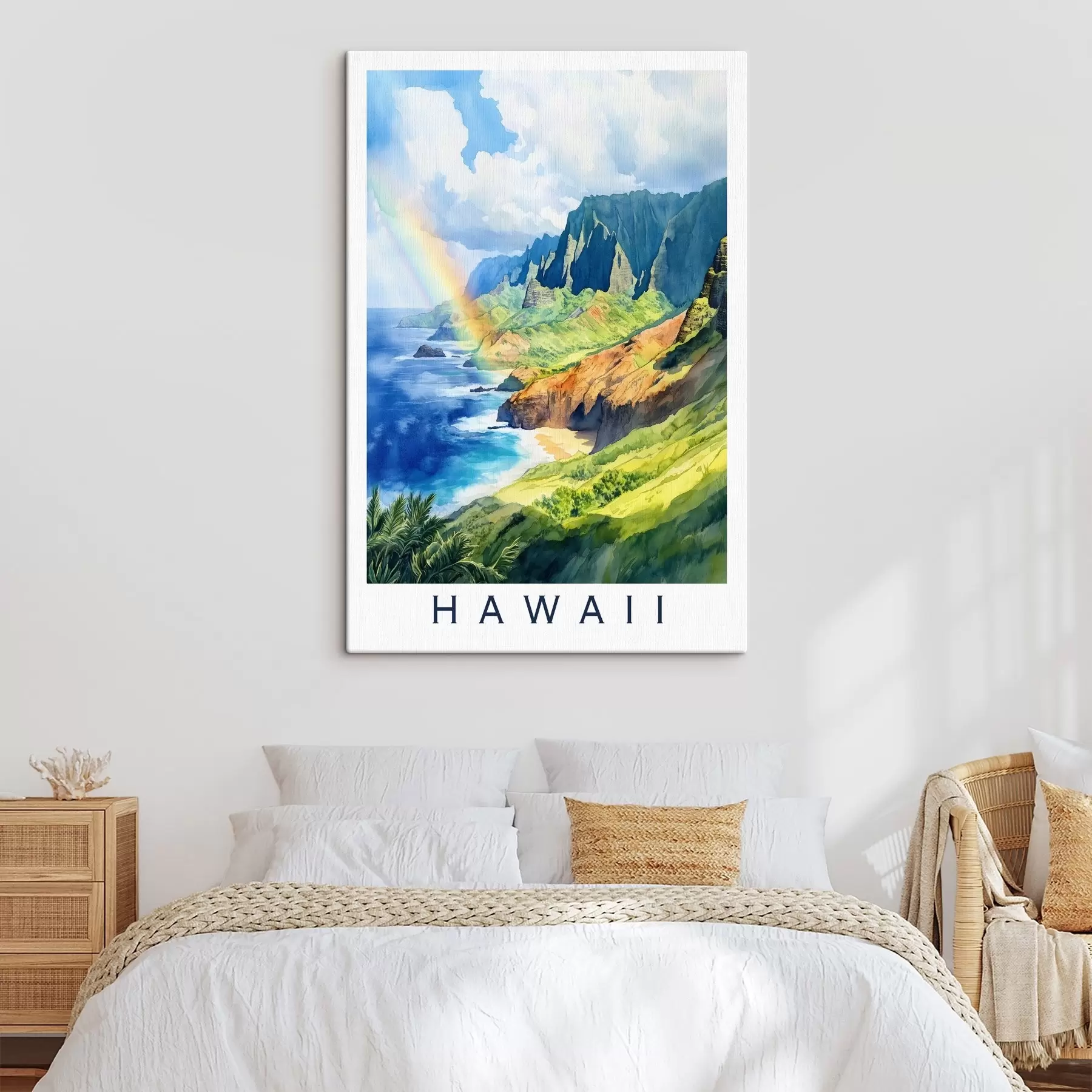 Tableau Île d'Hawaï, style aquarelle, arc-en-ciel, montagnes vertes, océan s44141