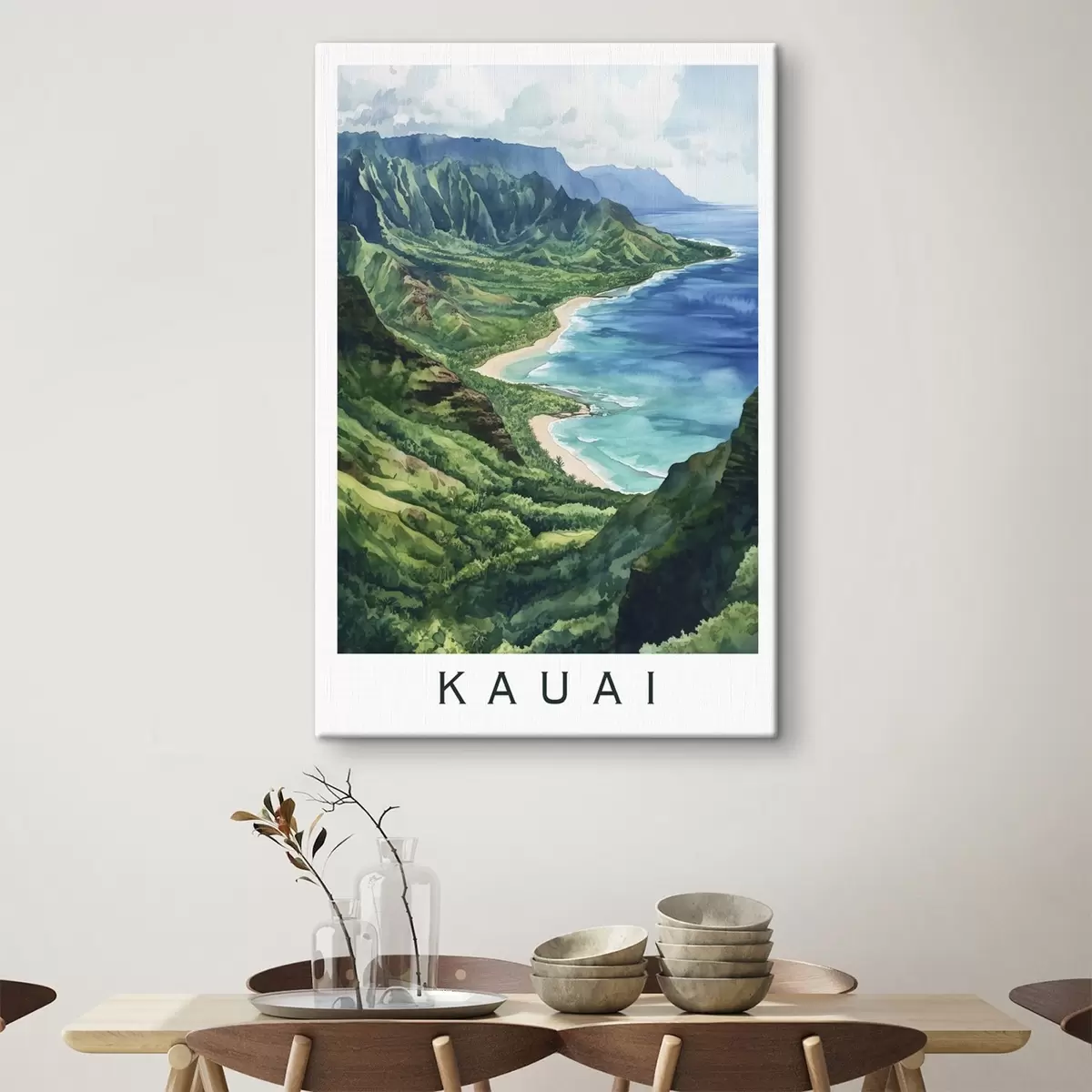 Tableau Montagnes vertes, Hawaï, océan, tropical, aquarelle s44143
