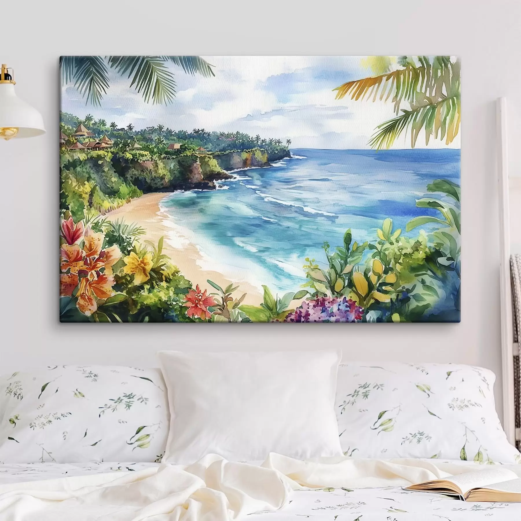 Tableau Plage tropicale, palmiers, fleurs, style aquarelle s44145