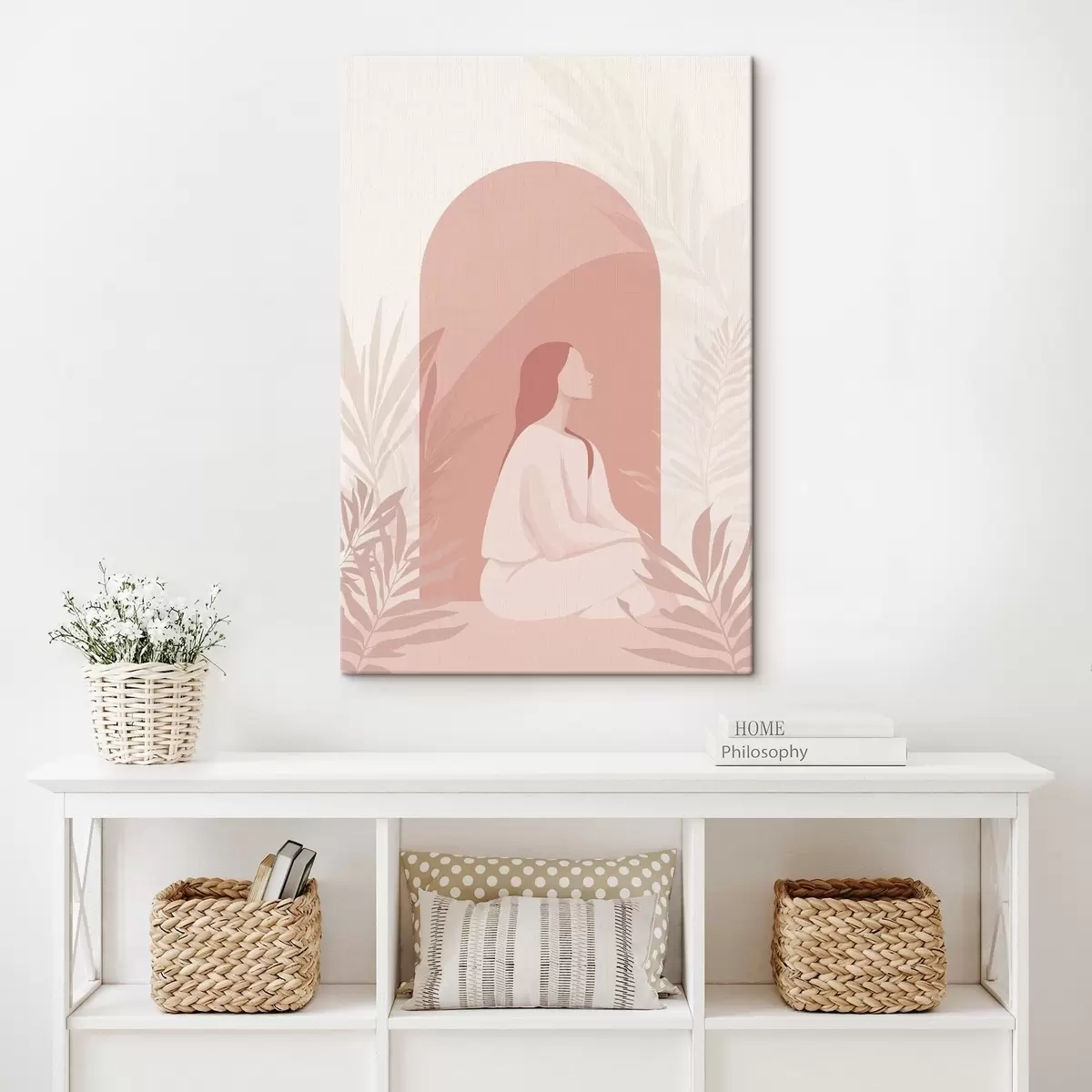 Tableau Femme en méditation, style plat, plantes tropicales, couleurs roses s44154