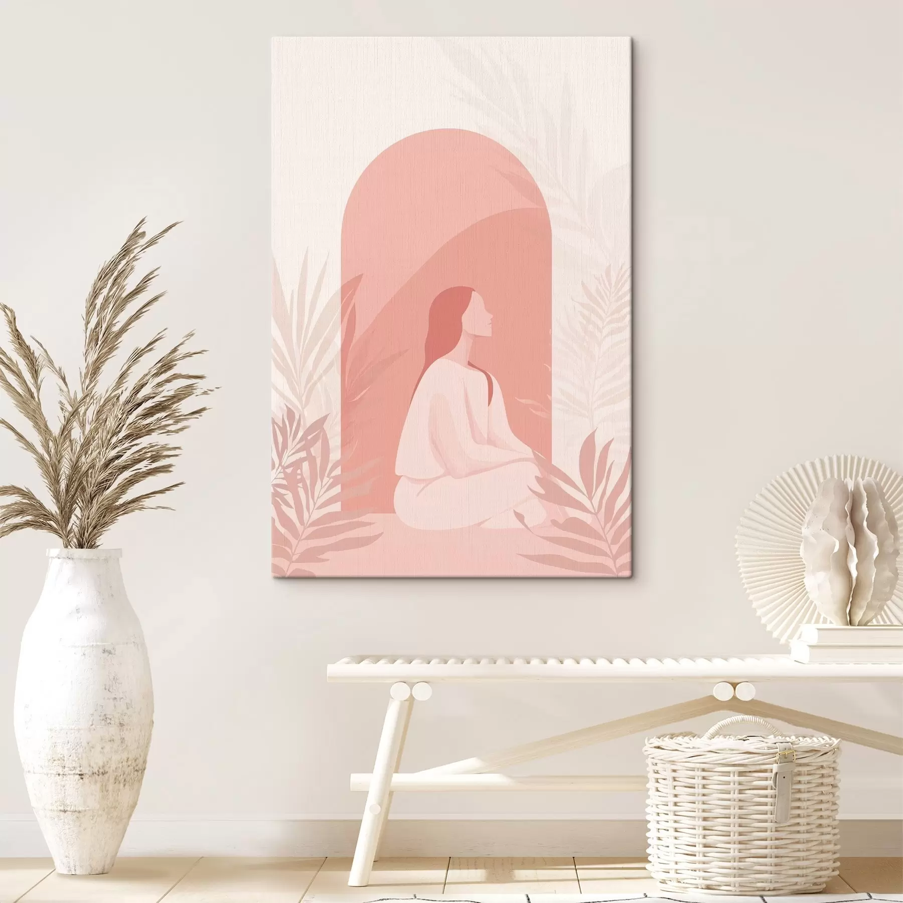 Papier peint Femme en méditation, style plat, plantes tropicales, couleurs roses s44154