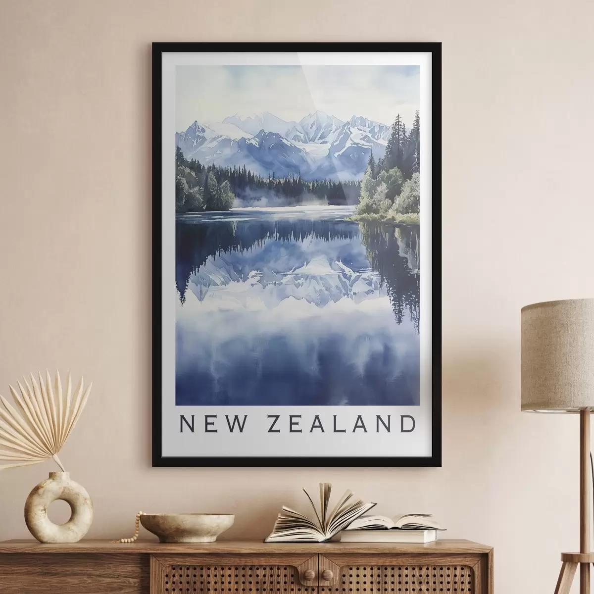 Poster Belles montagnes en Nouvelle-Zélande, style aquarelle, lac, forêt f44144
