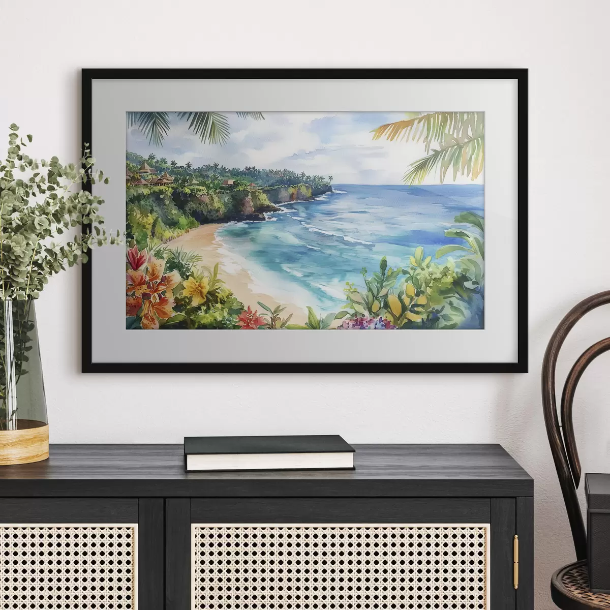 Poster Plage tropicale, palmiers, fleurs, style aquarelle f44145