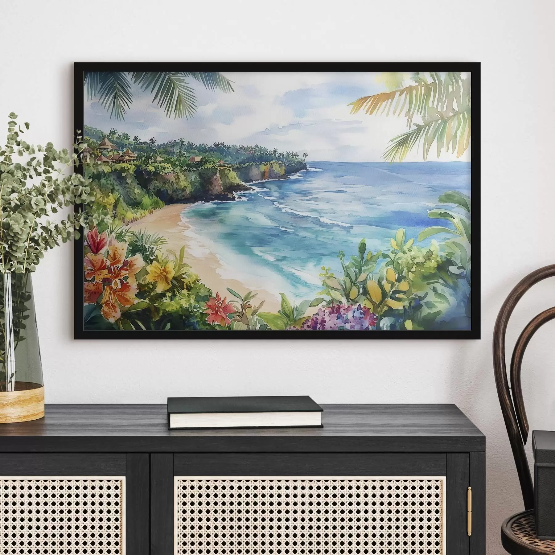Papier peint Plage tropicale, palmiers, fleurs, style aquarelle f44145