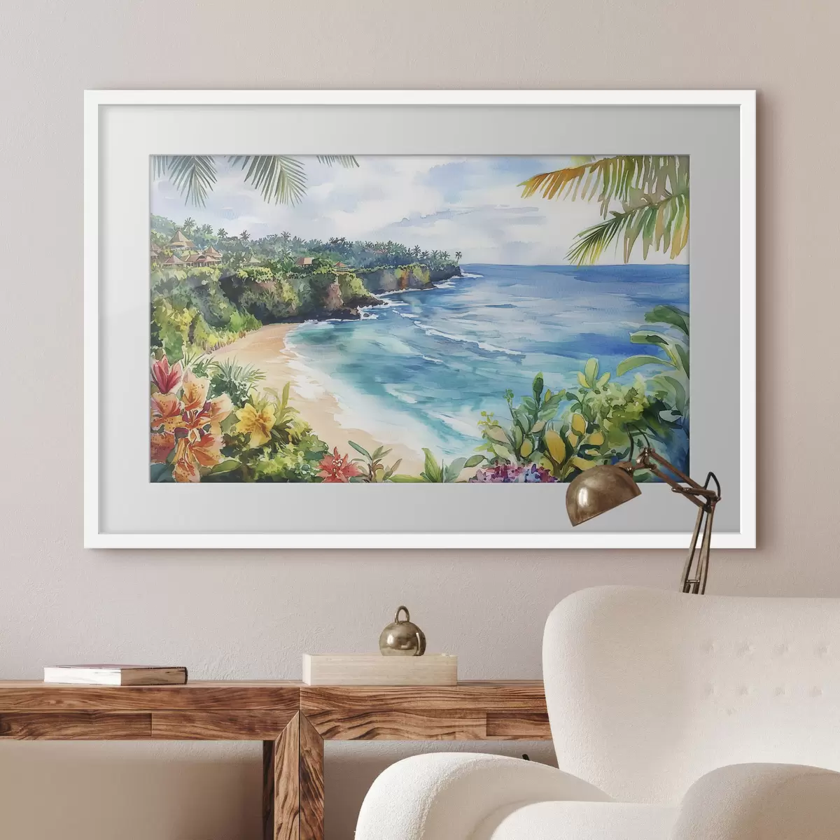Poster Plage tropicale, palmiers, fleurs, style aquarelle f44145