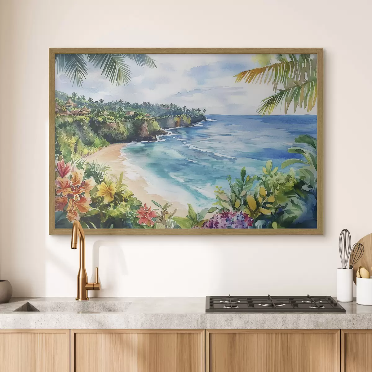 Poster Plage tropicale, palmiers, fleurs, style aquarelle f44145