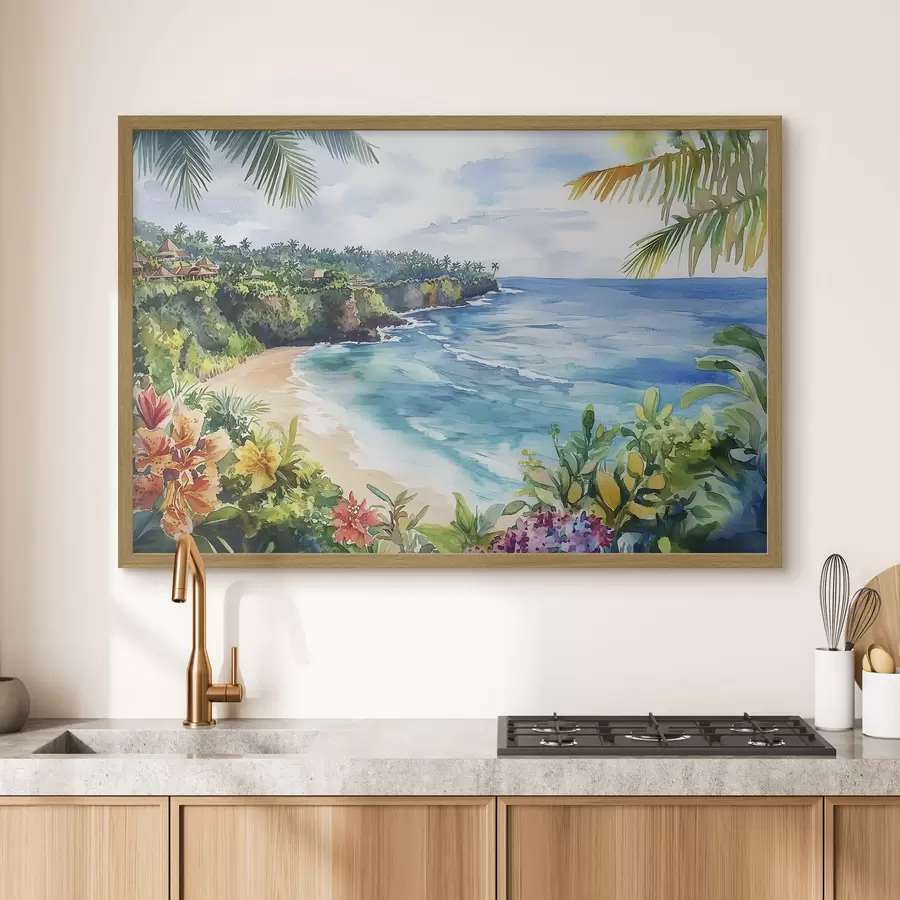 Papier peint Plage tropicale, palmiers, fleurs, style aquarelle f44145
