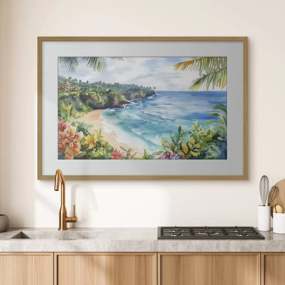 Poster Plage tropicale, palmiers, fleurs, style aquarelle f44145