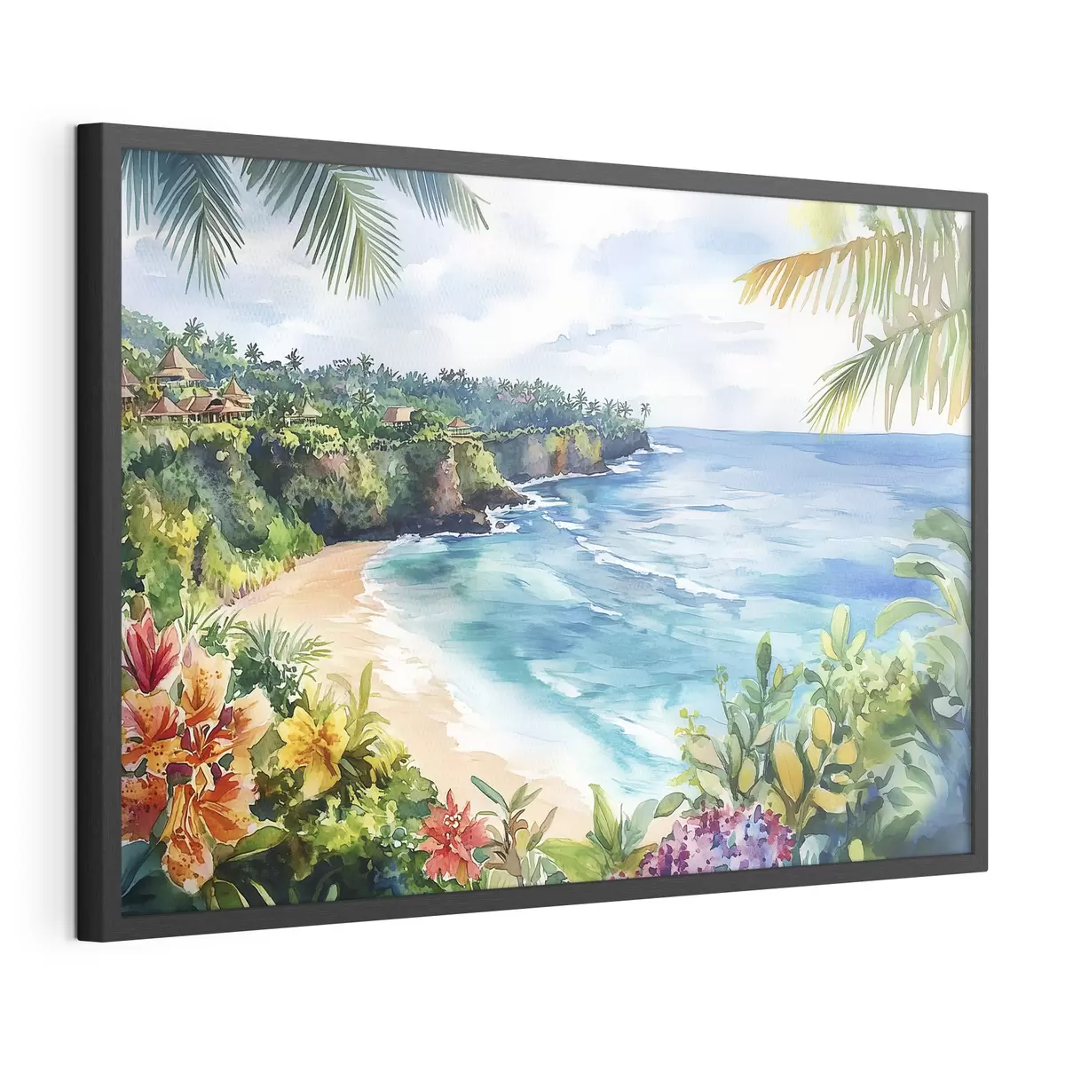 Poster Plage tropicale, palmiers, fleurs, style aquarelle f44145