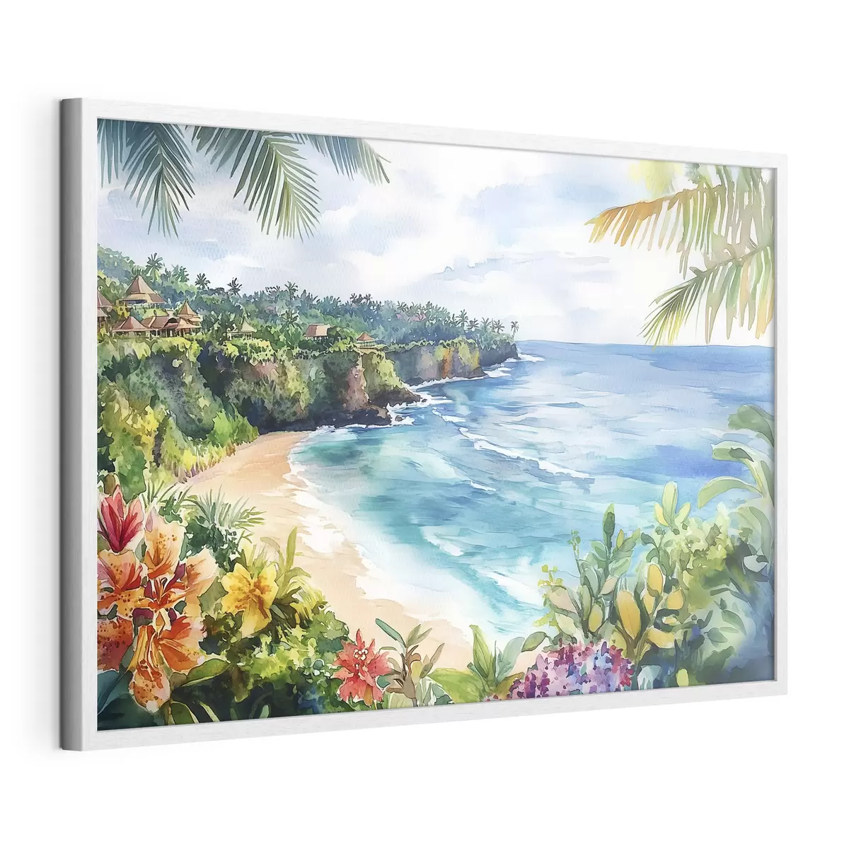 Poster Plage tropicale, palmiers, fleurs, style aquarelle f44145