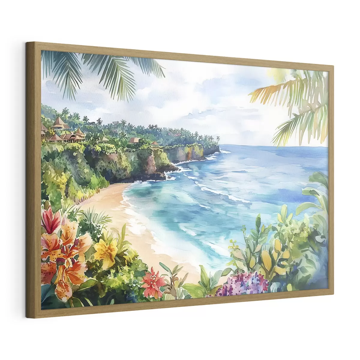 Poster Plage tropicale, palmiers, fleurs, style aquarelle f44145