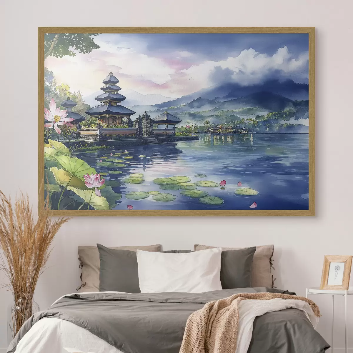 Poster Île indonésienne, temple, bouddhisme, nature tropicale, style aquarelle f44148