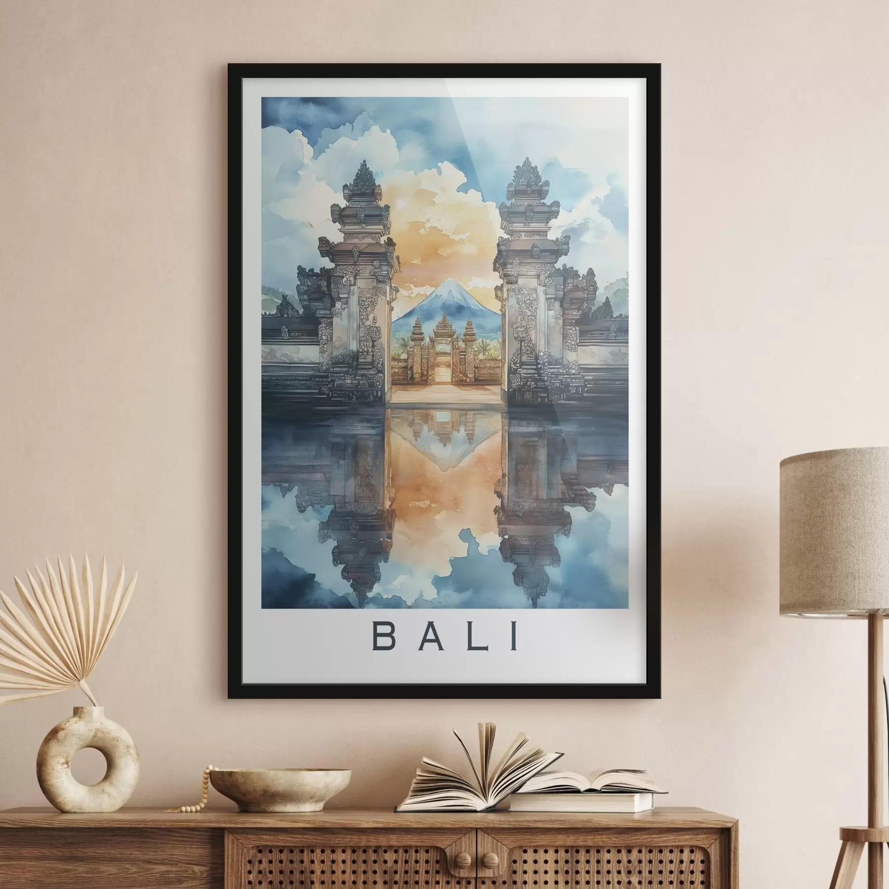 Papier peint Esthétique de Bali, temple, ciel couchant, nature tropicale, style aquarelle f44149