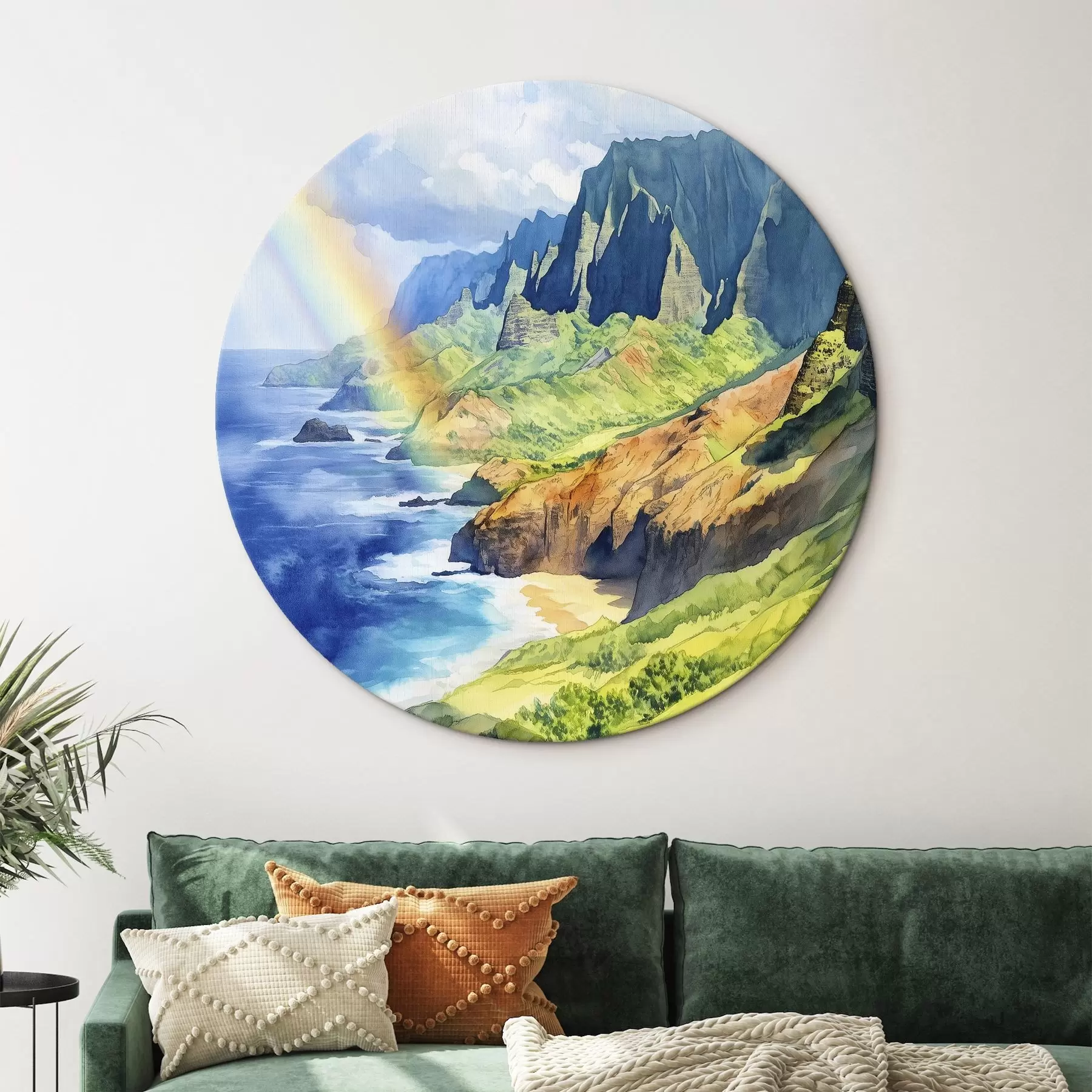 Tableau Île d'Hawaï, style aquarelle, arc-en-ciel, montagnes vertes, océan r44141