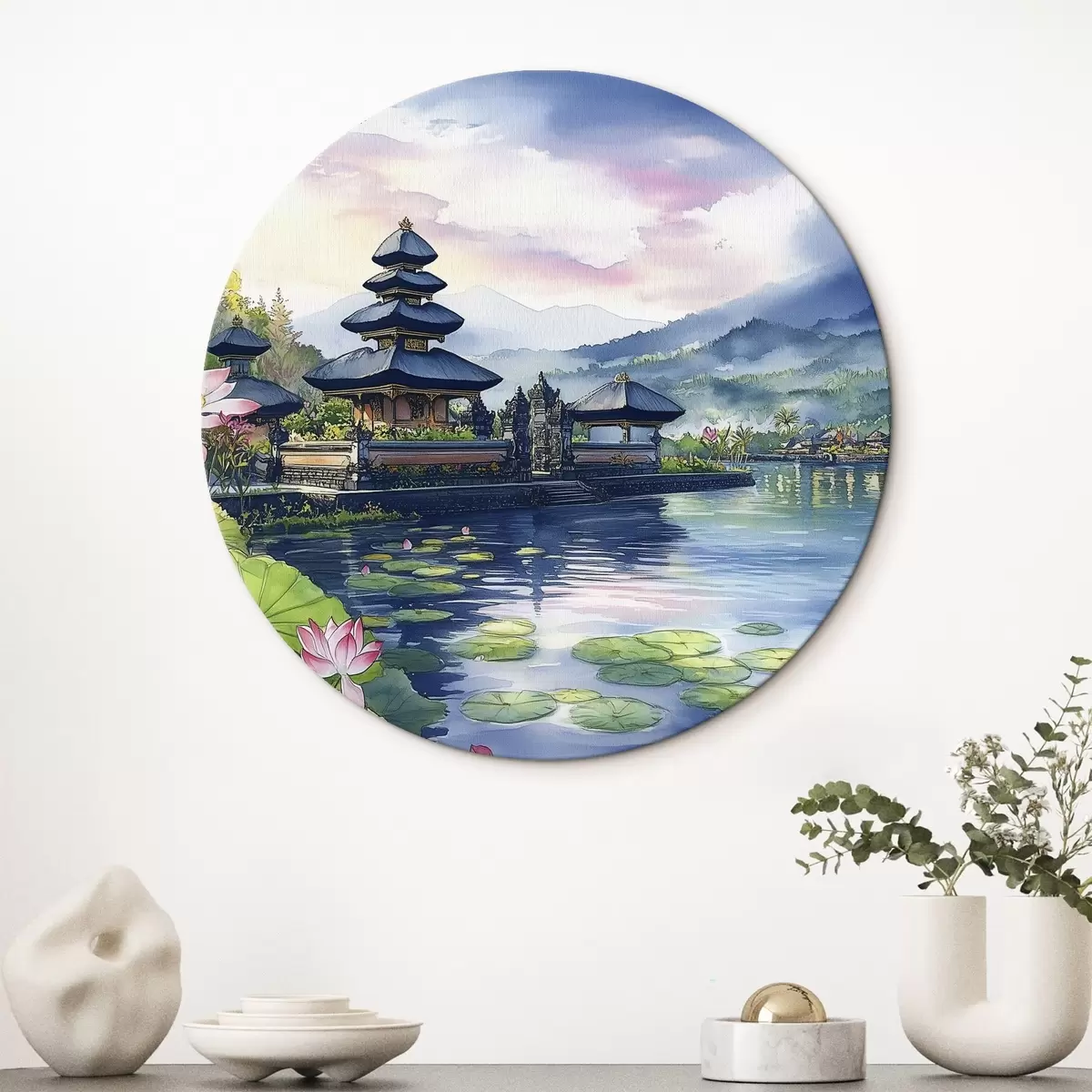 Tableaux rondes Île indonésienne, temple, bouddhisme, nature tropicale, style aquarelle r44148