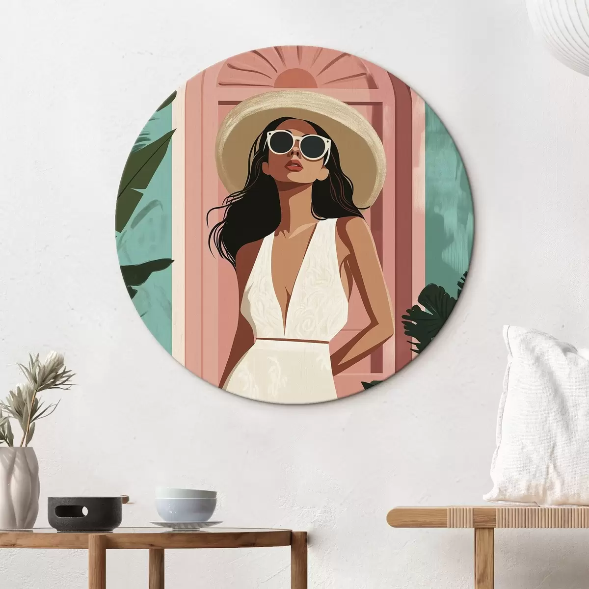 Tableaux rondes Femme avec lunettes de soleil et chapeau, nature tropicale, architecture r44152