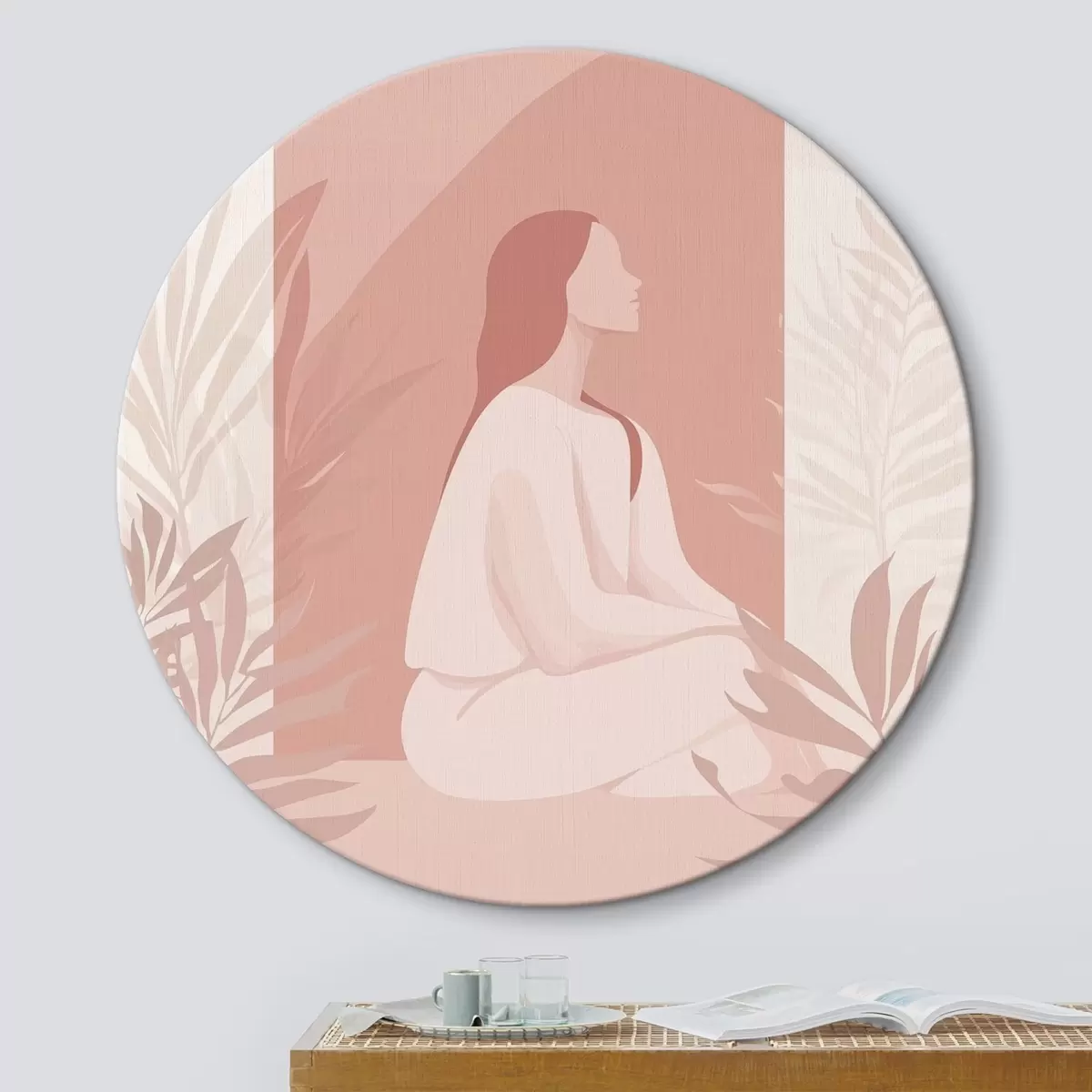 Tableaux rondes Femme en méditation, style plat, plantes tropicales, couleurs roses r44154