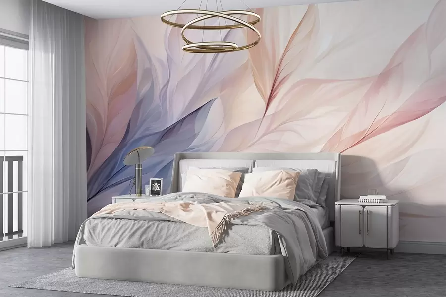 Papier peint Motif floral abstrait avec des pétales fluides dans des tons pastel de rose, de pêche et de bleu, créant une composition douce et rêveuse w09049