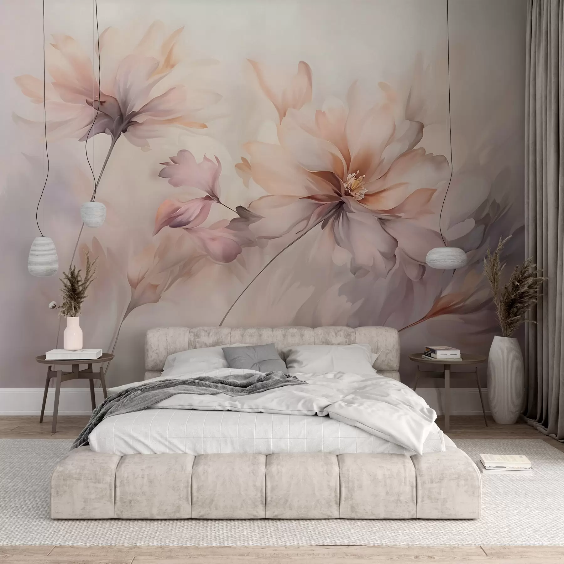 Papier peint Un art floral délicat avec de grandes fleurs aux couleurs pastel et aux pétales translucides, des tiges douces et un arrière-plan doux et diffus  w09050