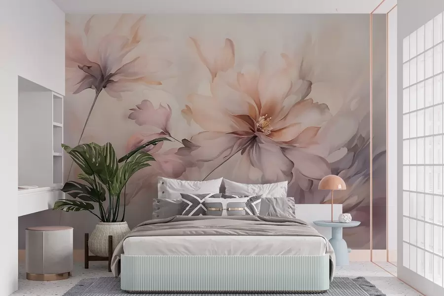 Papier peint Un art floral délicat avec de grandes fleurs aux couleurs pastel et aux pétales translucides, des tiges douces et un arrière-plan doux et diffus  w09050