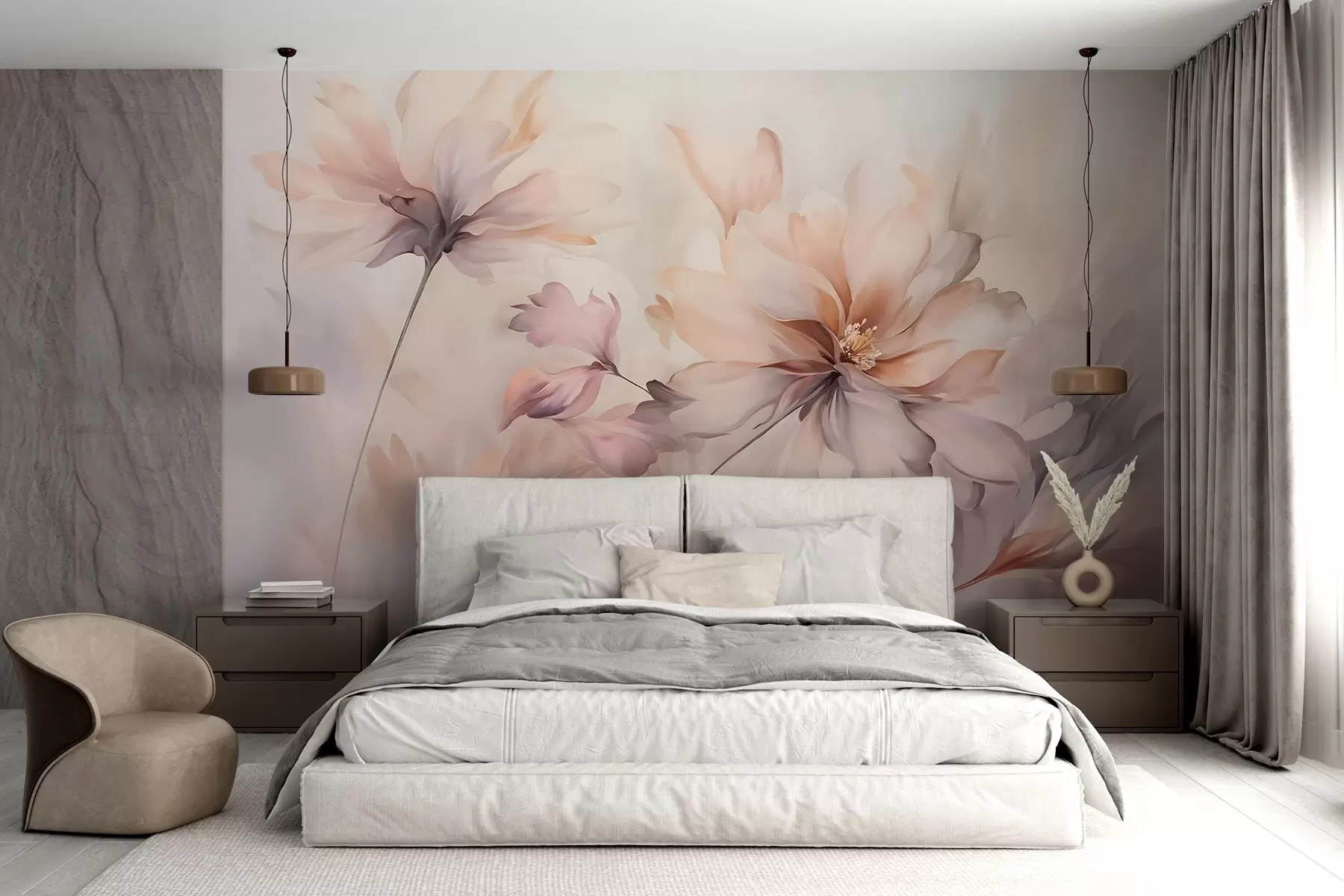 Papier peint Un art floral délicat avec de grandes fleurs aux couleurs pastel et aux pétales translucides, des tiges douces et un arrière-plan doux et diffus  w09050