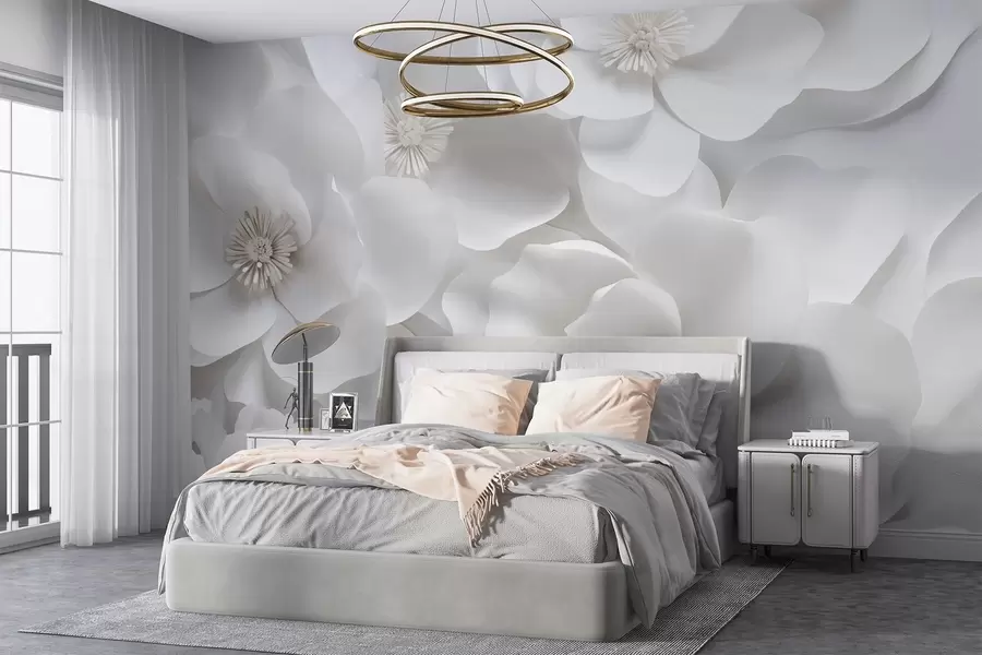 Papier peint Fleurs blanches aux pétales délicats, disposées en grappe dense, créant un sentiment de pureté et d'élégance sur fond blanc w09053