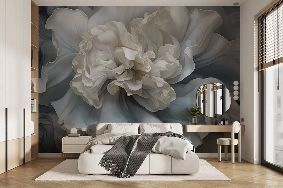 Papier peint Grande fleur décorative abstraite avec de nombreux pétales, douce et délicate, avec des tons bleus et gris en arrière-plan w09055