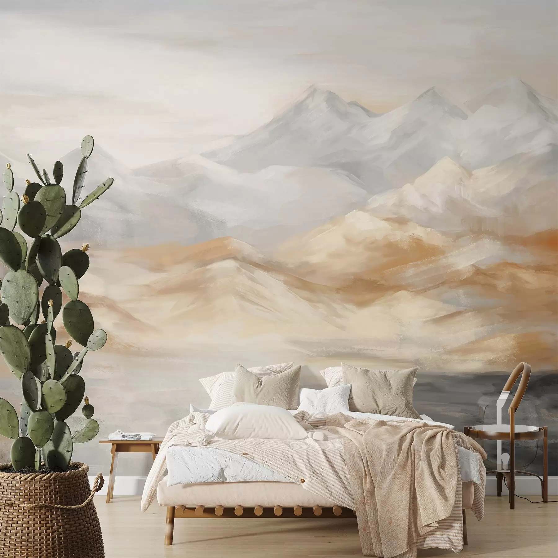 Papier peint Peinture de paysage texturée représentant des montagnes avec un lac au premier plan, dans des tons de blanc, de gris et de brun w09057