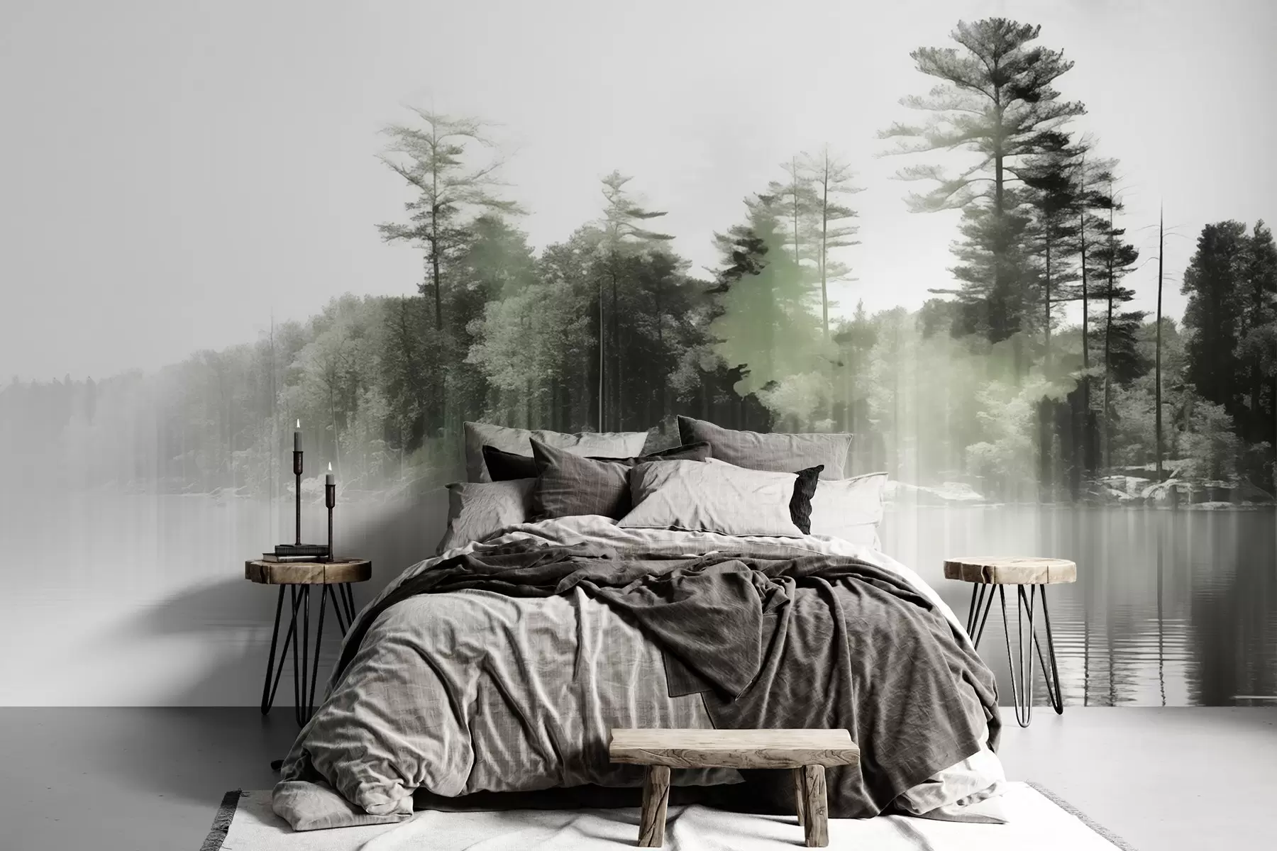 Papier peint Paysage abstrait minimaliste texturé avec un lac et des arbres se reflétant dans l'eau dans des tons verts et blancs w09058