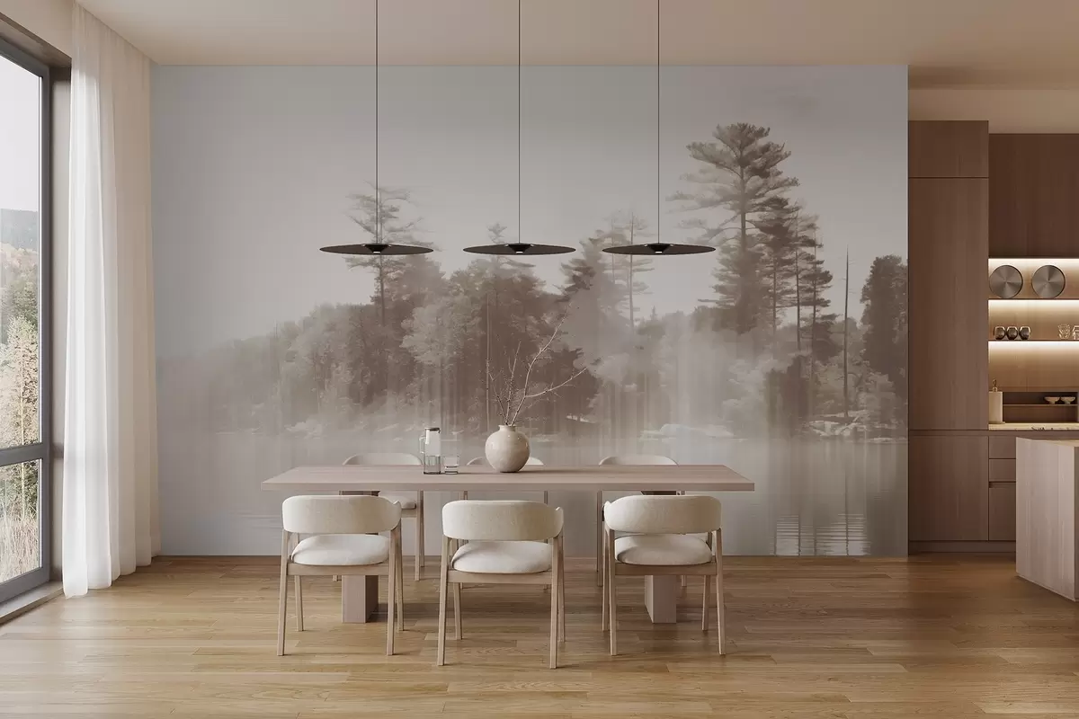 Papier peint Paysage abstrait minimaliste texturé avec un lac et des arbres se reflétant dans l'eau dans les tons beige et blanc w09058v1