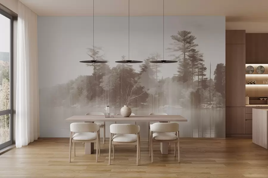 Papier peint Paysage abstrait minimaliste texturé avec un lac et des arbres se reflétant dans l'eau dans les tons beige et blanc w09058v1