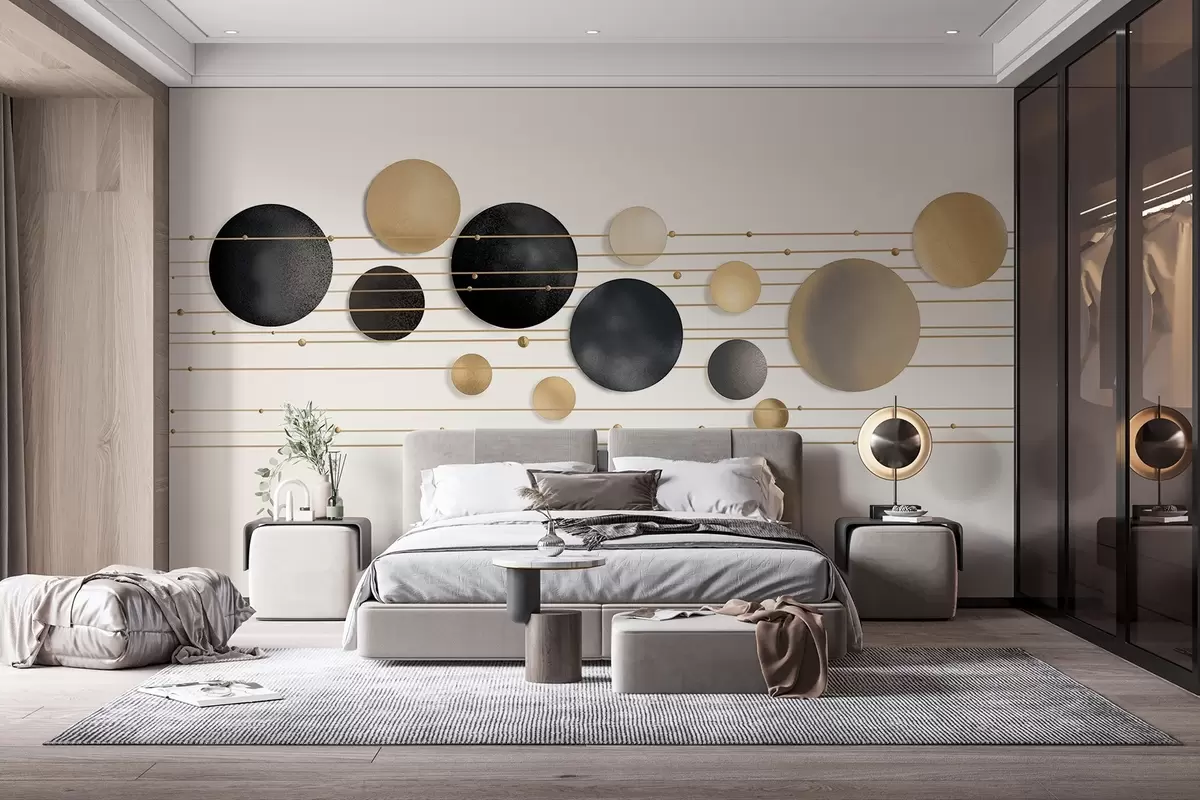 Papier peint Design moderne abstrait avec des cercles texturés dans les tons blanc, jaune et gris, reliés par de fines lignes, art minimaliste  w09060