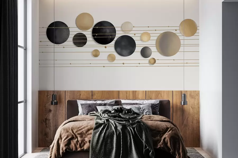 Papier peint Design moderne abstrait avec des cercles texturés dans les tons blanc, jaune et gris, reliés par de fines lignes, art minimaliste  w09060