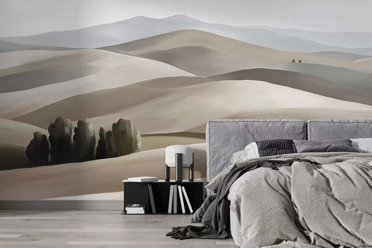 Papier peint Paysages arborés, Toscane, couleurs beige et gris, style huile w03880v1