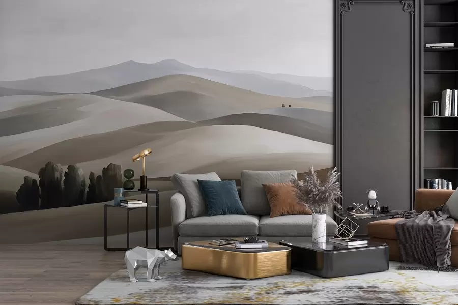 Papier peint Paysages arborés, Toscane, couleurs beige et gris, style huile w03880v1
