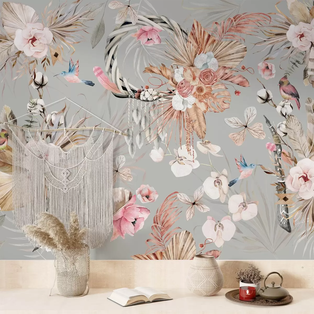 Papier peint Ornement de style bohème avec fleurs de pivoine et oiseaux, style aquarelle, couleurs beiges w03885
