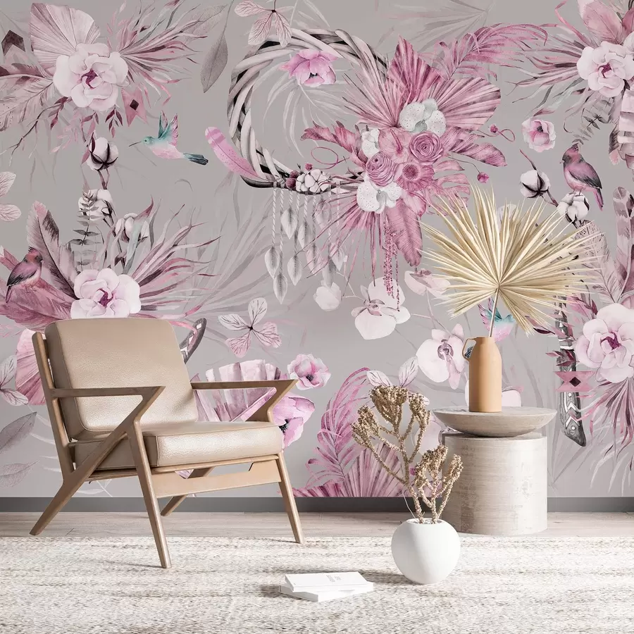 Papier peint Ornement de style boho avec fleurs de pivoine et oiseaux, style aquarelle, couleurs roses w03885v1