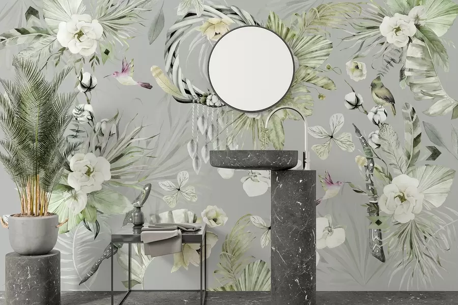 Papier peint Ornement de style boho avec fleurs de pivoine et oiseaux, style aquarelle, couleurs vertes w03885v2